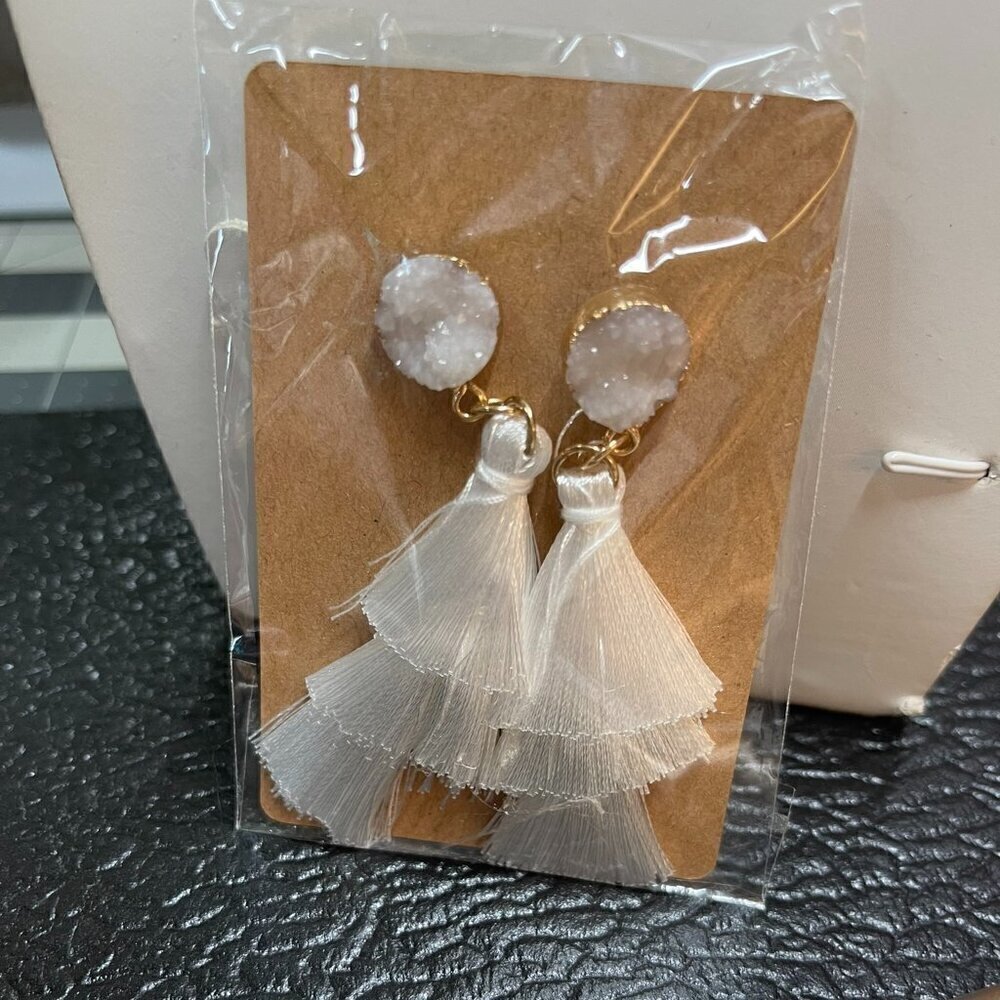 Drusy Drop Earrings in White with 3-Tier Silk Tassels - New (403) - Picture 5 of 12